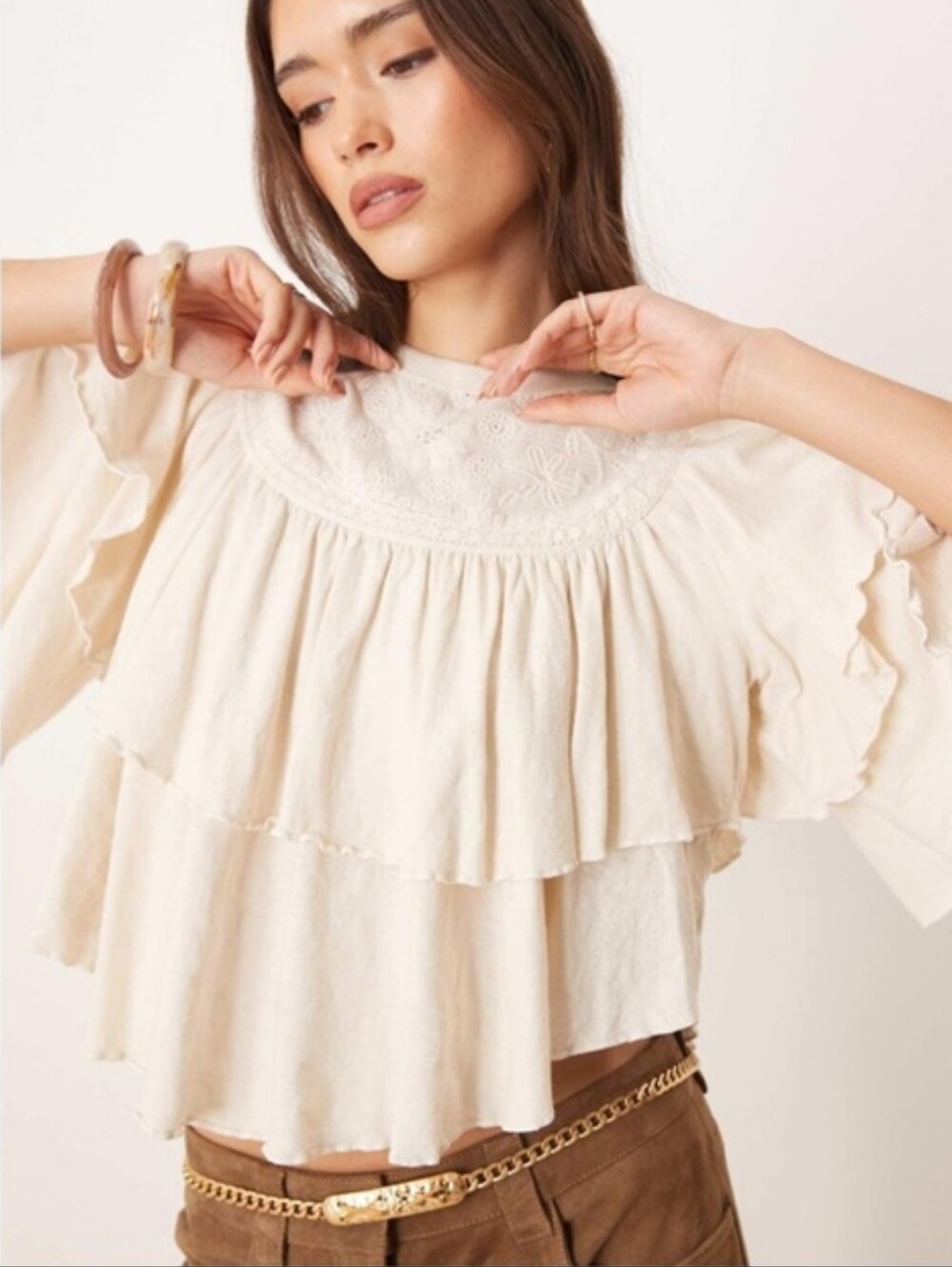 SALE--Free People Women's Cream Ruffle Layered Blouse - Elegant Flowy Top